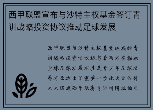 西甲联盟宣布与沙特主权基金签订青训战略投资协议推动足球发展 西甲联盟宣布与沙特主权基金签订青训战略投资协议推动足球发展